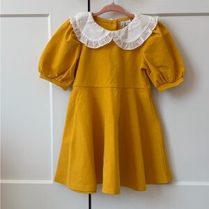 Janie and Jack Girls Dress Size 3 — Mustard Yellow Peter Pan Collar Puff Sleeve